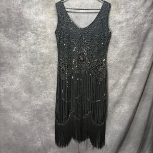 Fundaisy Black Sequin Beaded Flapper Dress XL Great Gatsby Fringe Art Deco 1920s